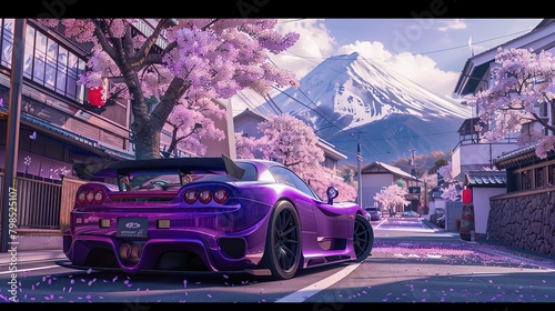 A purple sports car is parked on a street in a Japanese town. The street is lined with cherry trees, and there is a snow-capped mountain in the background. The car has a spoiler and a large wing on th photo