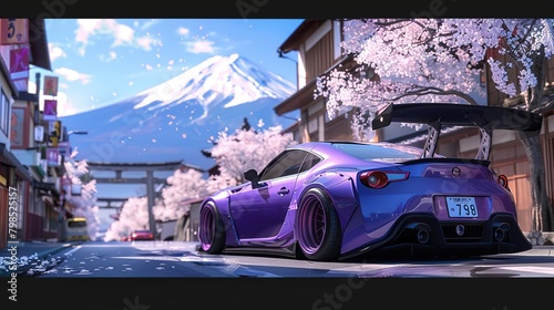 A purple sports car is parked on a street in a Japanese town. The street is lined with cherry trees, and there is a snow-capped mountain in the background. The car has a spoiler and a large wing on th