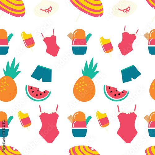 Seamless pattern with different foods including a watermelon ice cream and a straw hat