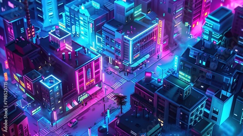 A pixelated俯瞰图of a city at night. The colors are bright and neon-like. There are cars on the road and buildings of varying heights.