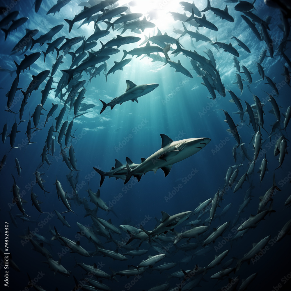 Obraz premium sharks in the ocean, School Of Fish.Sharks swim in a circle stock photo