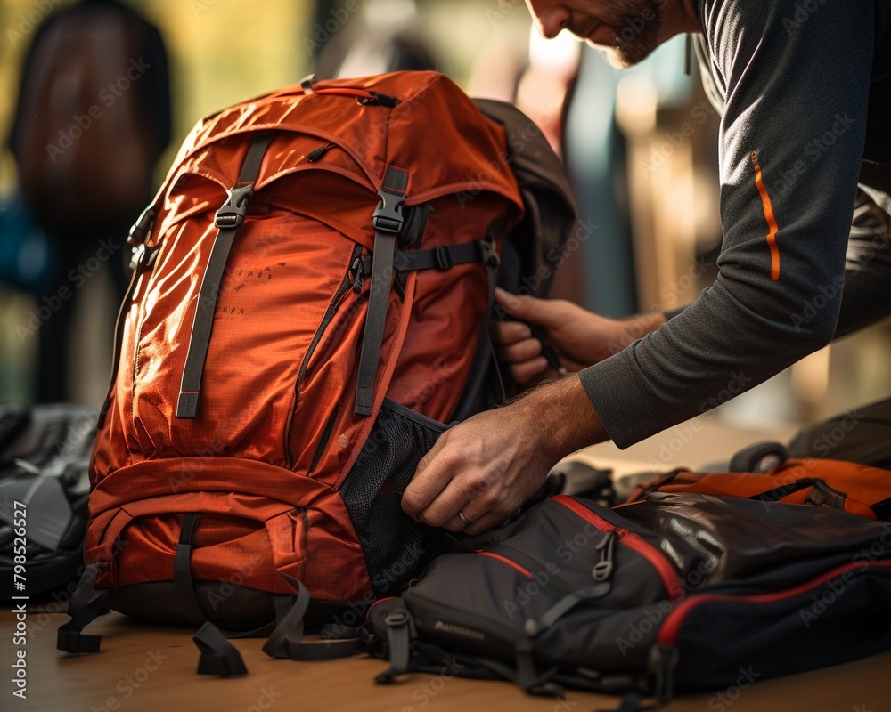 Closeup of a travelers hands packing a versatile, highcapacity backpack, preparing for a hike, focus on bag details and equipment