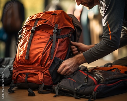 Closeup of a travelers hands packing a versatile, highcapacity backpack, preparing for a hike, focus on bag details and equipment