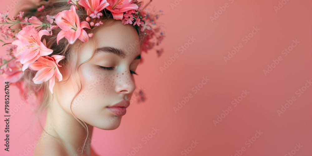 A woman with a pink flower headdress and a pink background