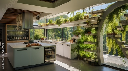 Ecofriendly kitchen design with energyefficient appliances, indoor vertical garden, and integrated composting system, sustainable home concept photo