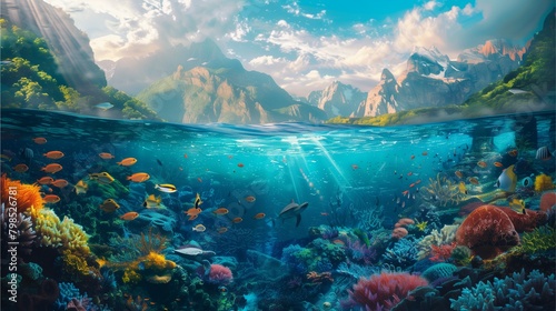 Scenic view of coral reef, fish in an aquarium, mountains, sea, sky, clouds, nature, coastline, lush greenery, New Zealand, bay, island, stunning beauty, and vibrant colors