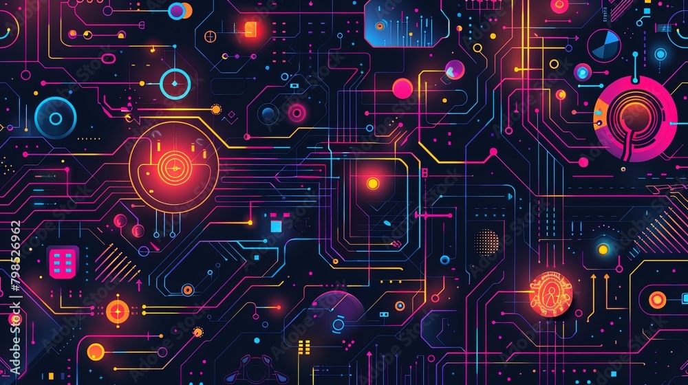 Obraz premium Vibrant digital circuit board with glowing neon lights and connection lines.