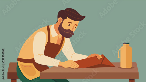 Sitting at a worn workbench a leatherworker gently strokes the supple material feeling the theutic sensation of its texture in their hands..