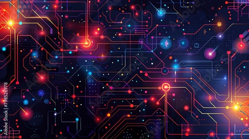 Vibrant digital circuit board with glowing neon lights and connection lines.