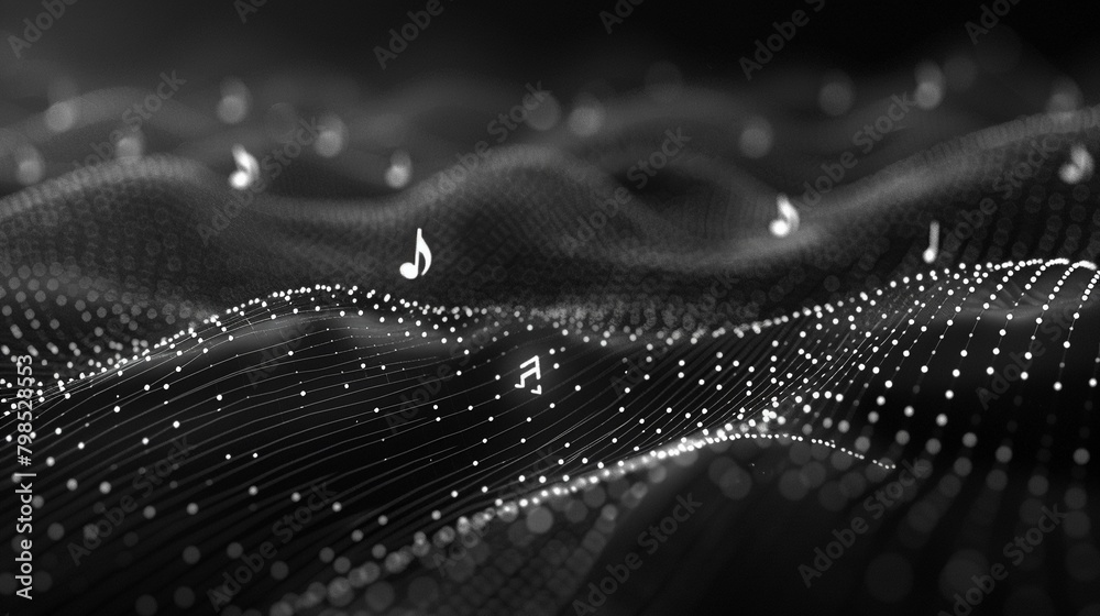 Musical notes or symbols flowing in a wireframe pattern Musical notes or symbols flowing in a wireframe pattern