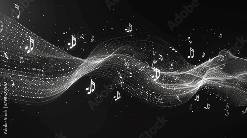 Musical notes or symbols flowing in a wireframe pattern