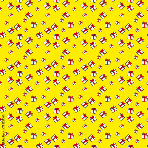 Seamless pattern of white gift boxes on yellow backdrop