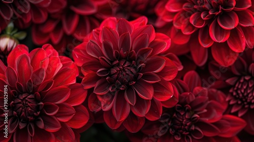This is a close-up picture of several dark red dahlia flowers. The flowers have multiple petals and a dark center. The edges of the petals are slightly curled.