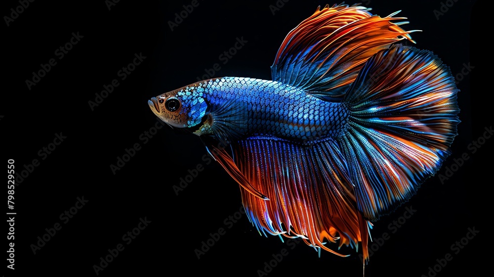 Close-up of a vibrant Betta fish, showcasing its spectacular long tail and iridescent scales under soft, ambient lighting Close-up of a vibrant Betta fish, showcasing its spectacular long tail and iridescent scales under soft, ambient lighting