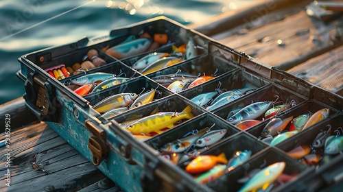 Close-up of a tackle box open on a dock, filled with an assortment of fishing lures and baits, ready for a day of fishing photo