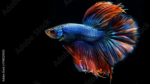 Close-up of a vibrant Betta fish, showcasing its spectacular long tail and iridescent scales under soft, ambient lighting © Nawarit