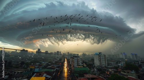 Typhoon Eye Over Manila  Philippines  Moment of Calm with Clear Skies Amid Massive Wall of Clouds - Dramatic Weather Phenomenon Photo