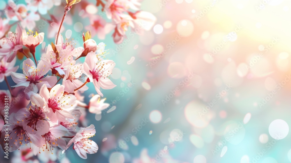 Selective focus of beautiful pink cherry blossom branches on tree under blue sky, beautiful sakura flowers in spring season in park, flora pattern texture, natural floral background.