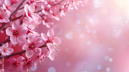 Beautiful pink cherry blossom branch on a tree under the pink background, beautiful sakura flowers in the spring season in the park, flora pattern texture, natural floral background. © Regina