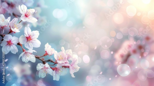 Beautiful pink cherry blossom branch on a tree under the blue sky, beautiful sakura flowers in the spring season in the park, flora pattern texture, natural floral background.