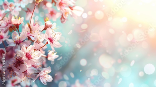 Selective focus of beautiful pink cherry blossom branches on tree under blue sky, beautiful sakura flowers in spring season in park, flora pattern texture, natural floral background. © Regina