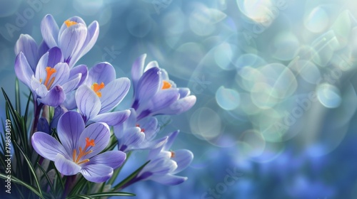 Spring season. Beautiful flowers, Crocus vernus, Crocus, Iris family on a blue gradient background with space for text photo