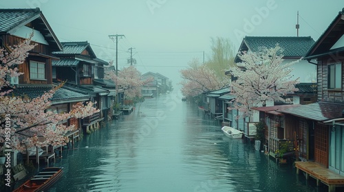 Coastal Road in Japan Transformed into Canal with Submerged Traditional Houses - Travel and Architecture Concept photo