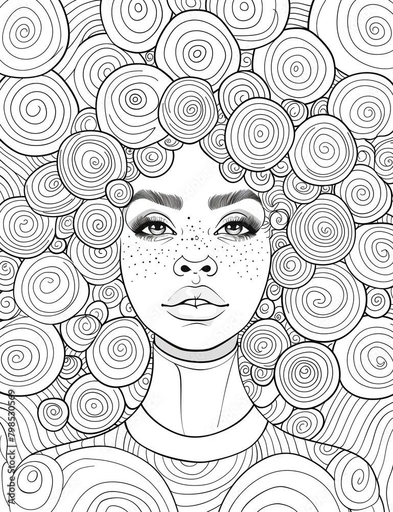 A woman with a big afro and a lot of circles around her face