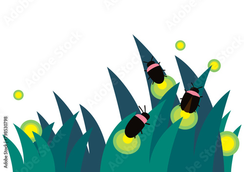 デフォルメされた蛍が草の上で光っているベクターイラスト