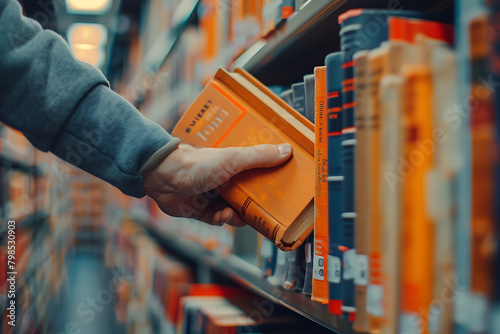 Male right hand choosing and picking orange book in public library. Pulling off selected textbook. Education research and self learning in university life concepts photo