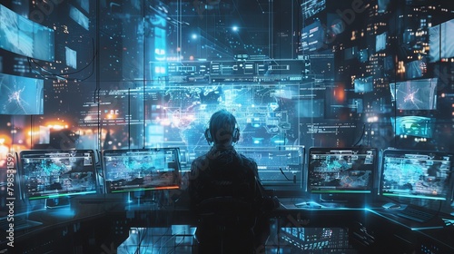 A cyberpunk hacker orchestrates a digital symphony in a neon lit lair photo