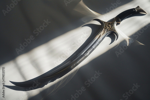 A shining sabre with a curved blade, casting a shadow on a white surface. photo