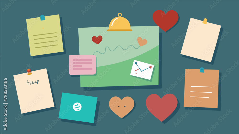 A series of handwritten notes and messages displayed on a bulletin ...