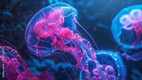 Glowing neon jellyfish drifting through an underwater world of deep blue and pink, casting an ethereal glow on the ocean floor