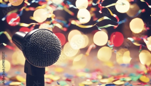 'Microphone Studio confetti Celebratory Close-up Table. Microphone. celebration party music singing recording podcast interview sound voice broadcast media condenser foam tab' photo
