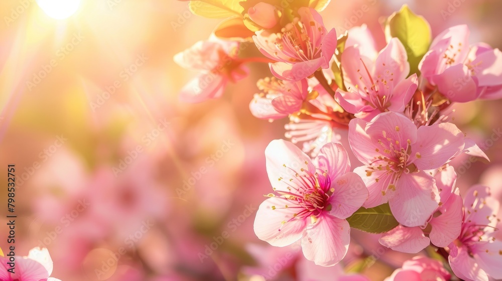 Close up photograph of peach blossoms on a sunny spring day