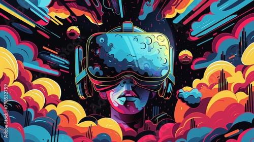 An illustrated person immersed in VR with vivid abstract background.