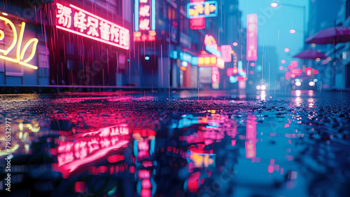 Neon signs reflecting off a rain-soaked street against a backdrop of deep blue and pink, creating an atmospheric cityscape