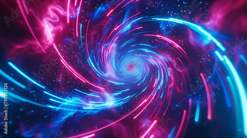 Psychedelic swirls of neon colors against a background of intense blue and pink, reminiscent of a cosmic journey through space