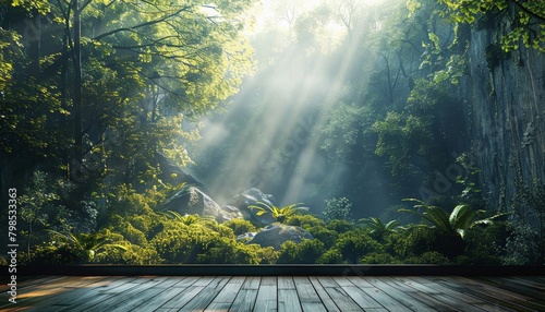 Fototapeta Naklejka Na Ścianę i Meble -  The wooden floor in the middle of the jungle with green plants and trees all around and sun light shining through the leaves.