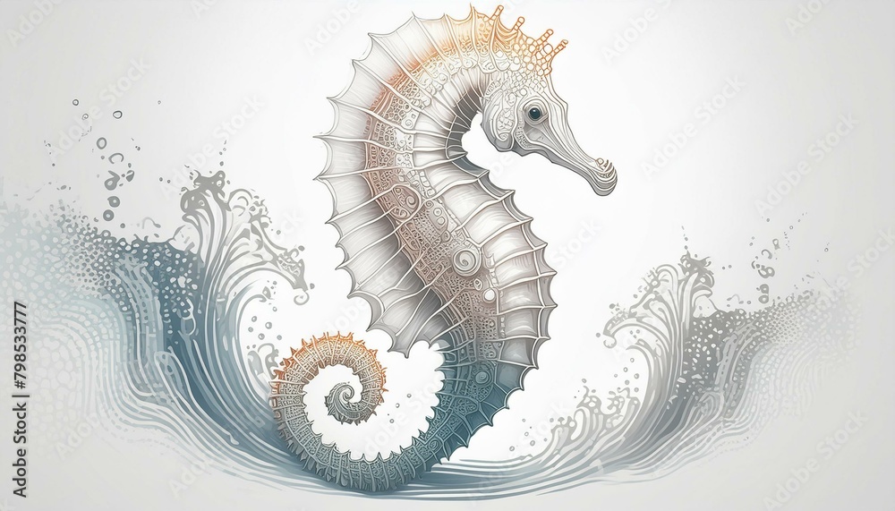 minimalistic zentangle-like vector design of an seahorse; dappled smooth swirling lines mimicking the movement of water or air or water splashing make up the seahorse body