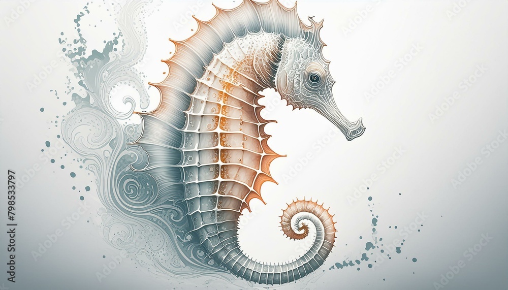 minimalistic zentangle-like vector design of an seahorse; dappled smooth swirling lines mimicking the movement of water or air or water splashing make up the seahorse body