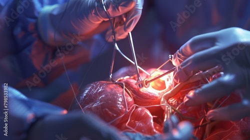 A close-up photo of a surgeon performing bypass surgery, highlighting the exposed artery with a gleaming surgical light.  