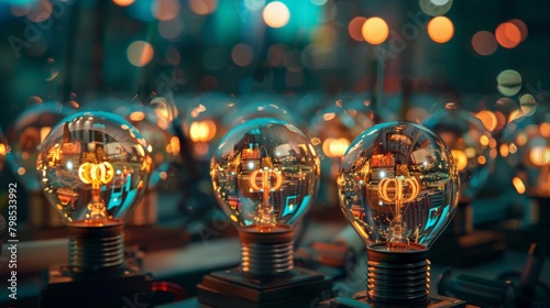 A cluster of light bulbs, each one containing a miniature scene depicting a different innovative concept. 