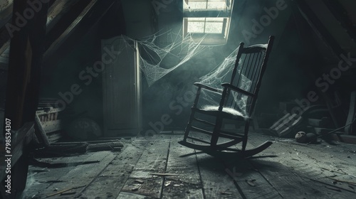 A dark and dusty attic filled with cobwebs and forgotten objects, with a single rocking chair swaying back and forth mysteriously.   photo