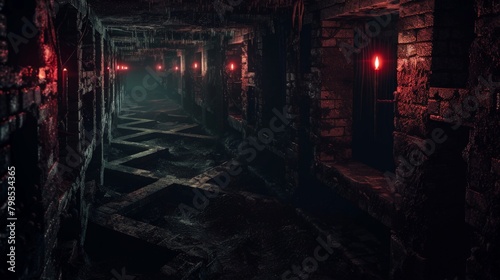 A dark and ominous maze with crumbling brick walls and flickering torches  where the only light comes from glowing technological symbols marking the path.  