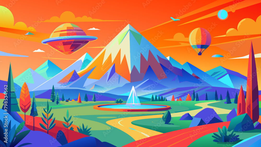 Vector flat illustration of a modern spring landscape, abstract fantastic nature background and mountains of triangles