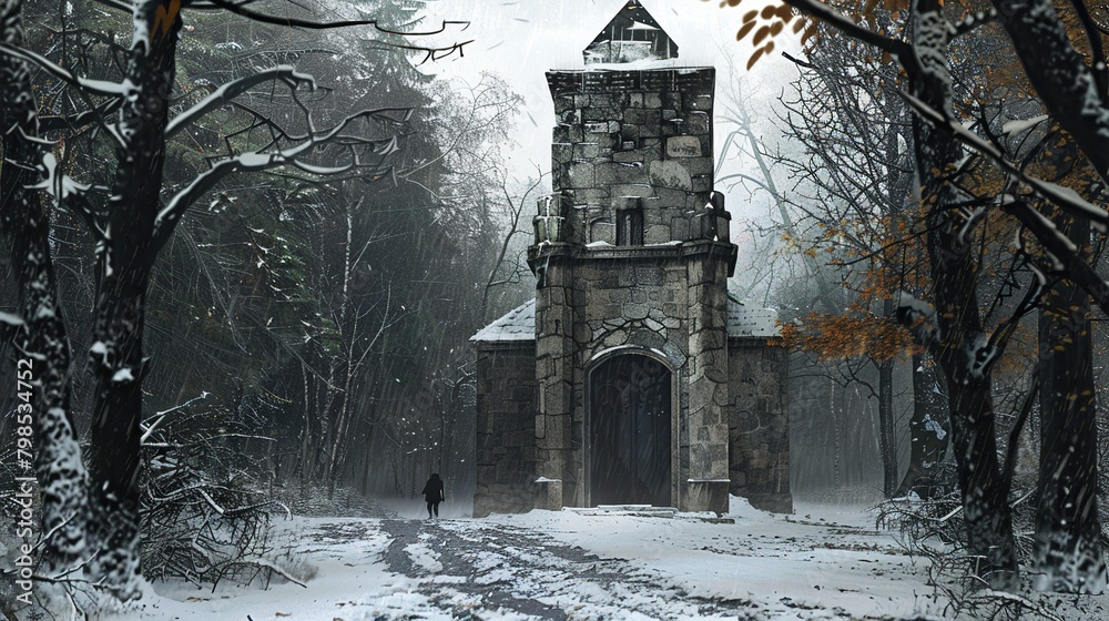 This image shows a stone castle covered in snow. There is a red-cloaked figure standing in the snow near the castle gate.

