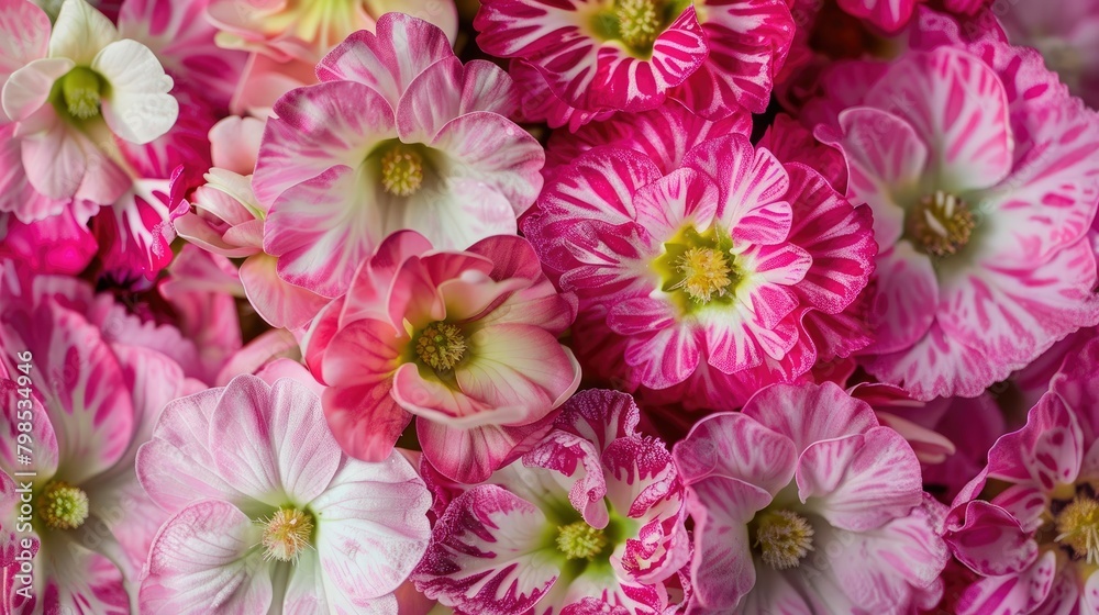 Fototapeta premium The Pink Flowers card backdrop showcases a stunning close up of the Primula Belarina flower along with a vibrant display of the Double Primrose bloom variety Spring Flirt in mesmerizing det