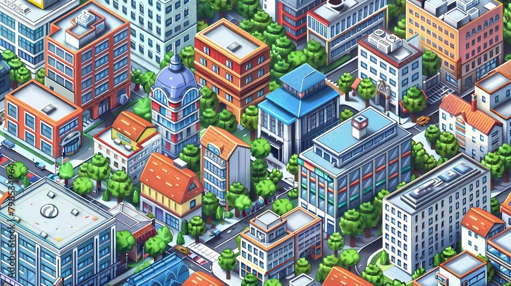 The image shows an isometric city. There are many buildings, trees, and cars. The buildings are of different colors and shapes.

